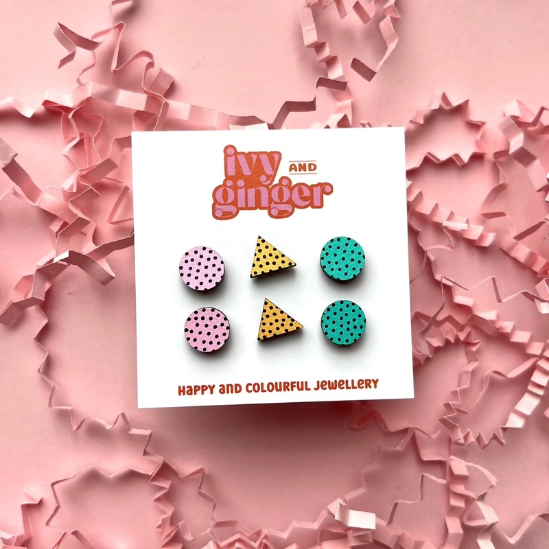 80’s Mini Stud Hand Painted Wooden Stud Earrings Set