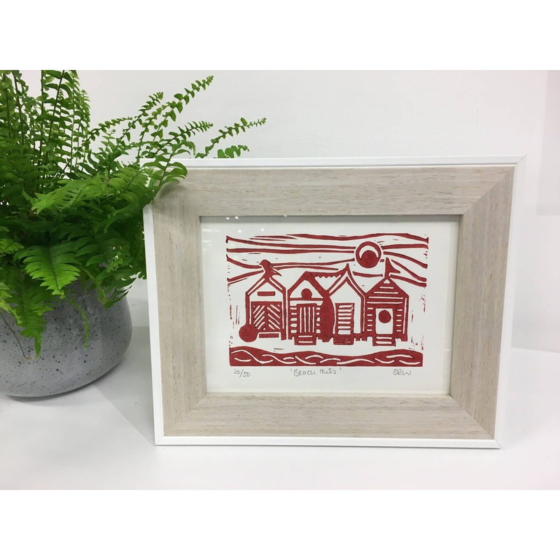 Beach Huts Framed Lino Cut Print