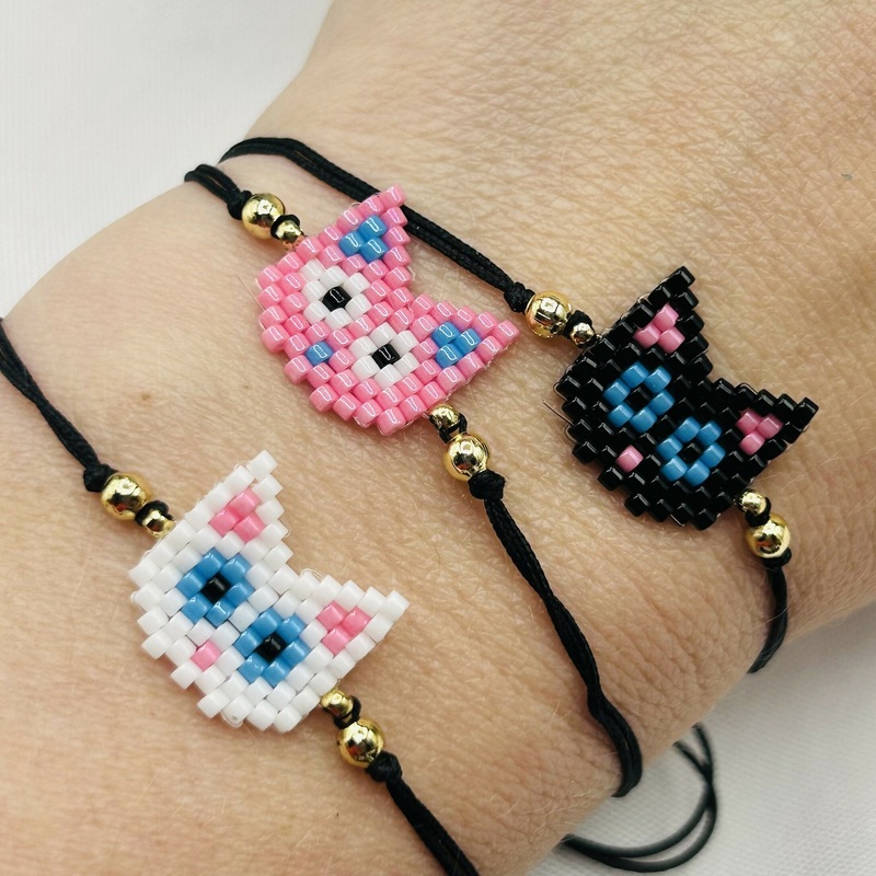 Beaded Cat Face Bracelets  Handmade, Adjustable, Multiple Colours