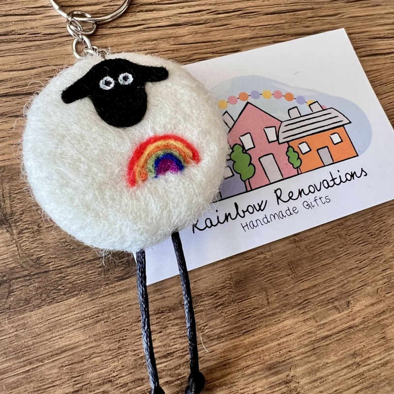 Felted Sheep and Rainbow Keyring
