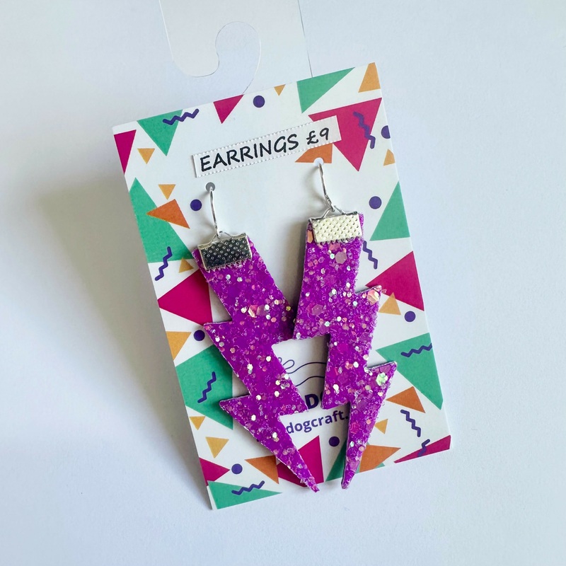 Flash Lightning Bolt Earrings in Dk Purple Pink Glitter