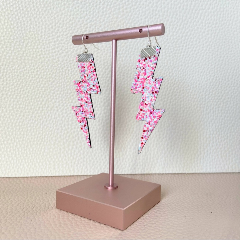 Flash Lightning Bolt Earrings in Pink Confetti Glitter