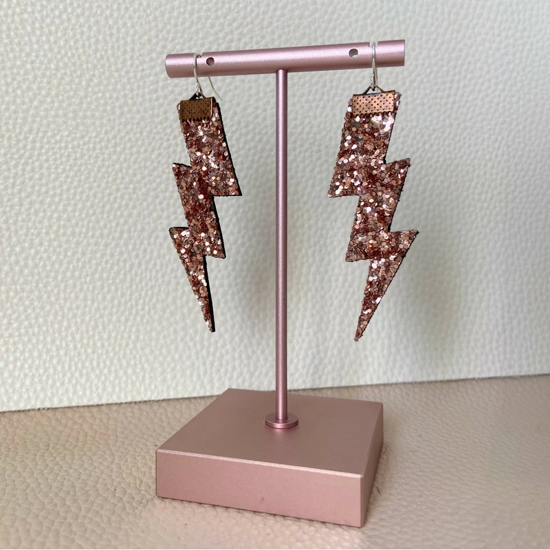 Flash Lightning Bolt Earrings in Rose Gold Glitter