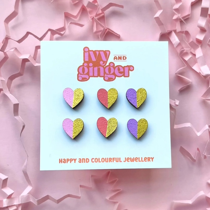 Gold Edge Heart Wooden Stud Earrings Set Pinks
