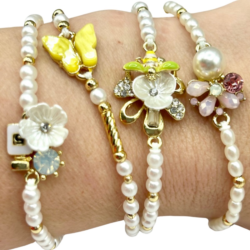 Hand Beaded Pearl Bracelet  Handmade with Embellished Charm