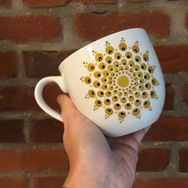 Hand Painted Dot Mandala Large Mug: True Ochre with Navy