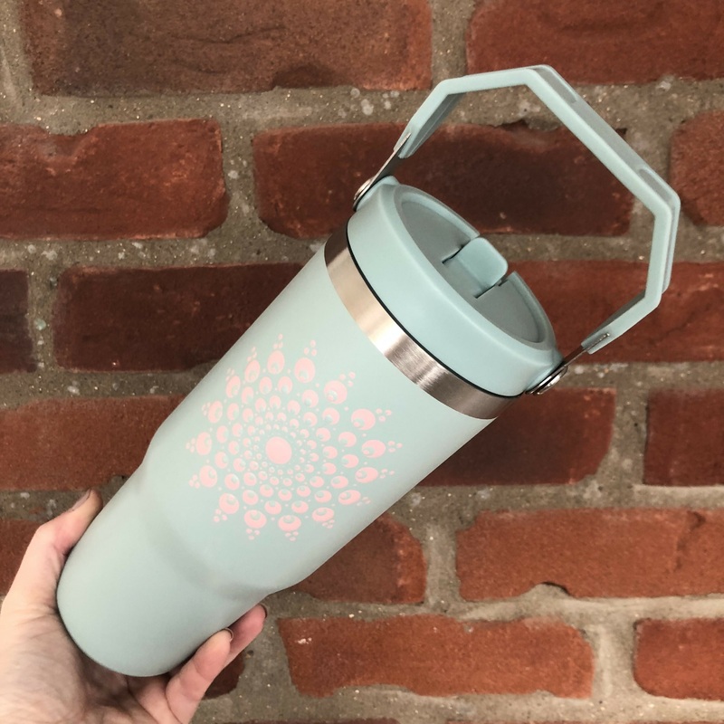Hand Painted Dot Mandala Thermal Water Bottle with Handle: Sage with Baby Pink
