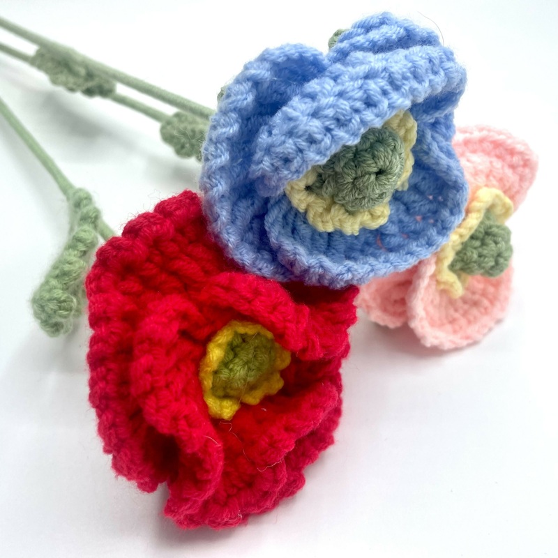 Handmade Crochet Poppy Bloom  Textured Petal Stem