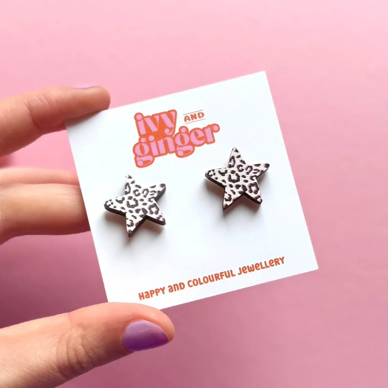 Large Black, White And Pink Leopard Print Star Studs