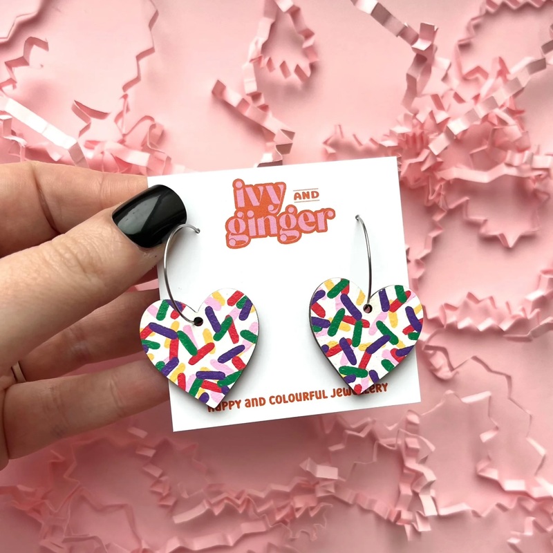 Large Confetti Heart Hoop Wooden Earrings