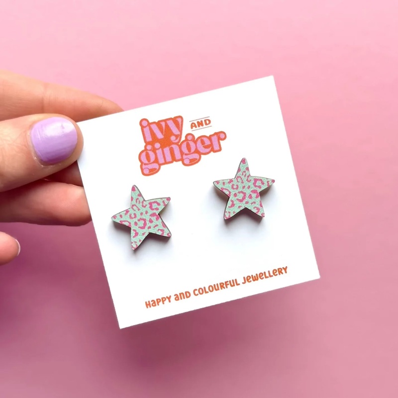 Large Mint And Pink Leopard Print Star Studs