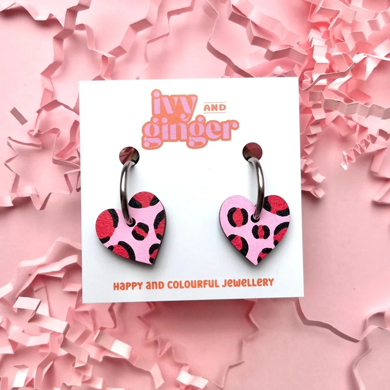 Light Pink and Red Leopard Print Small Heart Hoop