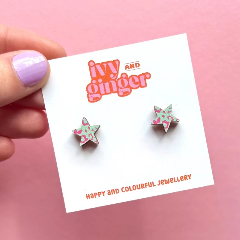 Midi Mint Green And Pink Leopard Print Star Stud Earrings