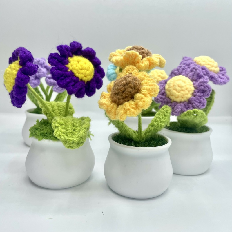 Mini Crochet Sunflower & Daisy Pots  Handmade Floral Dcor