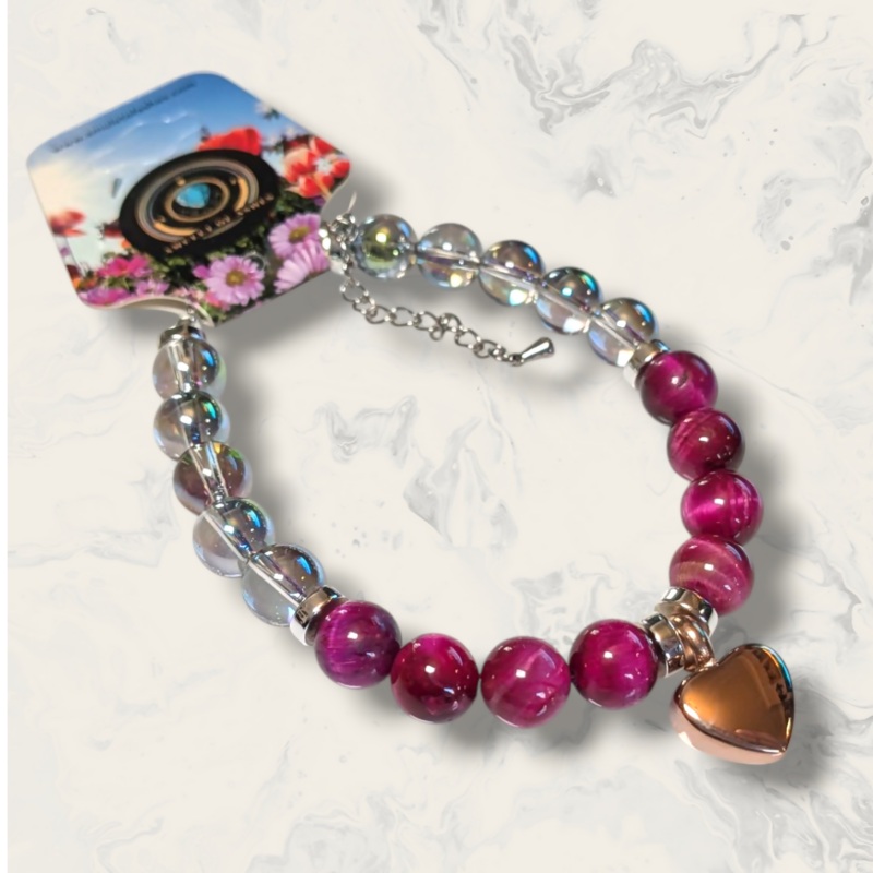 Pink Tigers Eye & Iridescent Glass Beads Memorial Urn Bracelet