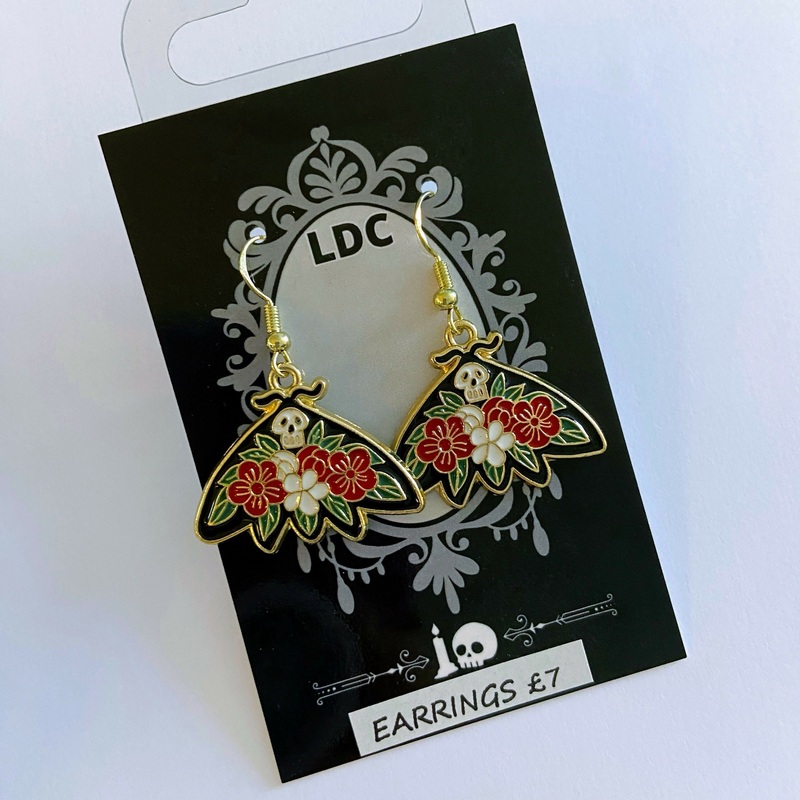Skull Flowery Moth Charm Earrings