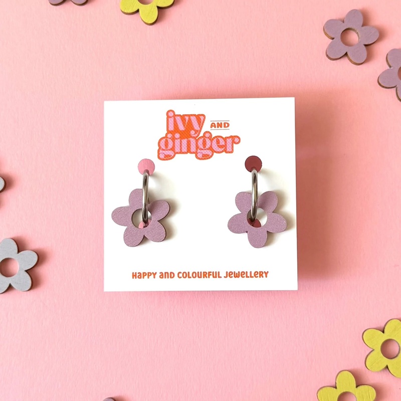 Statement Flower Shaped Hoop Earrings in Dusky Lilac