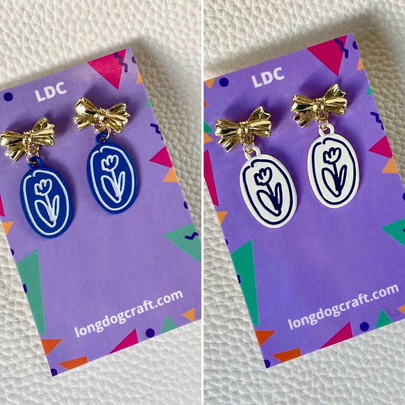 Tulip Bow Drop Stud Earrings|Blue|Cream