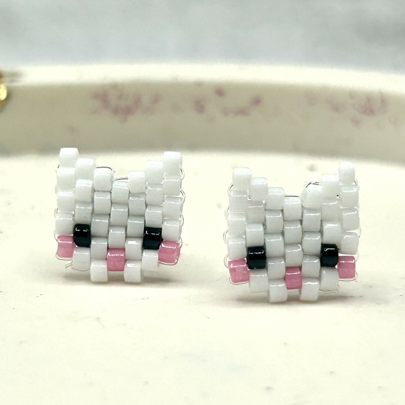 Beaded Cat Face Earrings  Handmade Studs