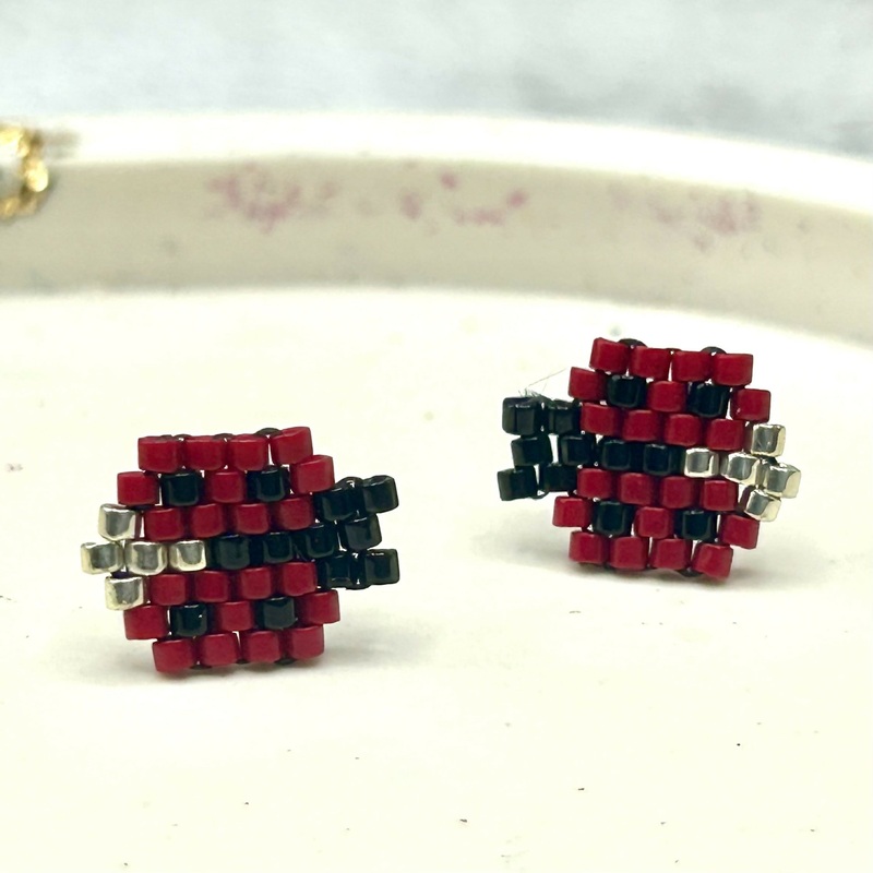 Beaded Ladybird Earrings  Handmade Pixel Bug Studs