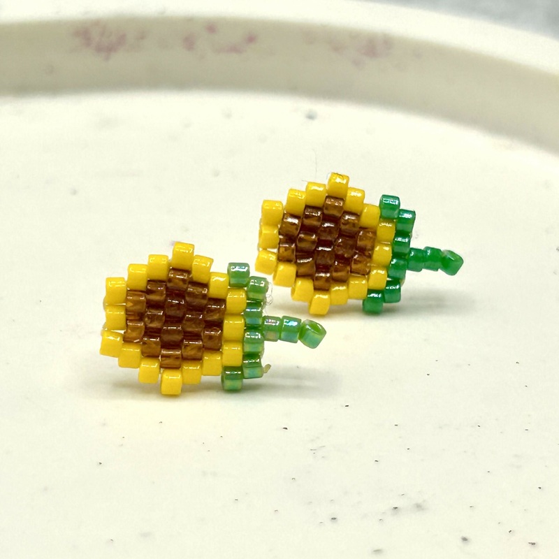 Beaded Sunflower Earrings  Handmade Seed Bead Studs