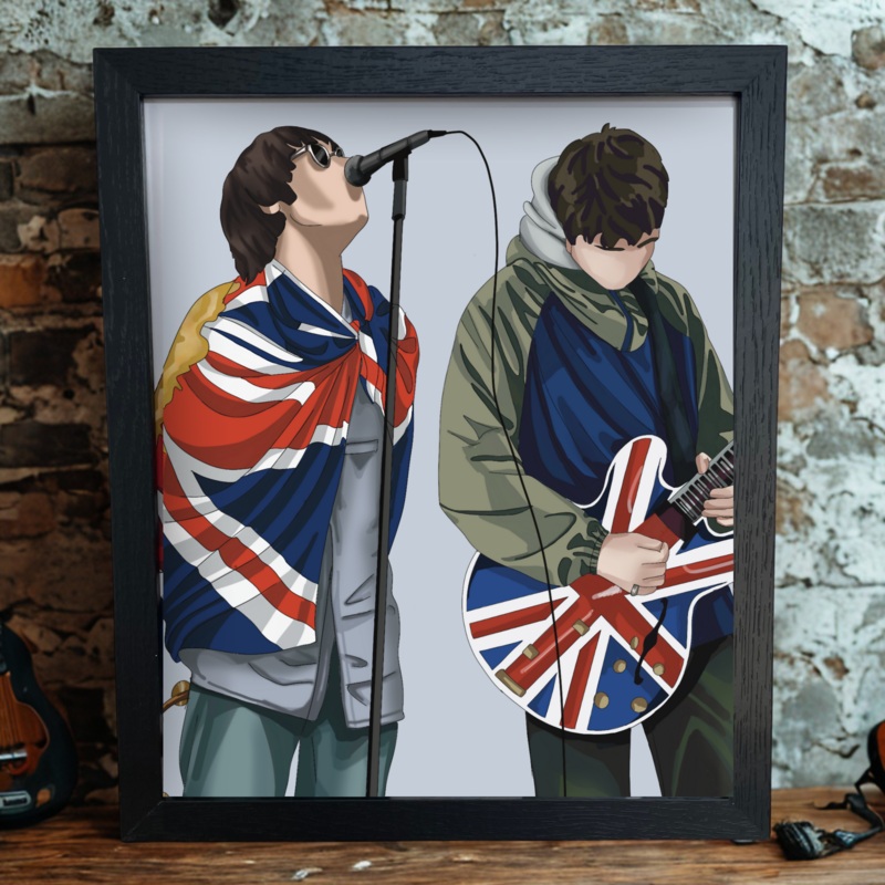 Britpop Rock Legends Wall Art  Hand-Drawn Union Jack Illustration in Frame- Oasis-Inspired Music Decor