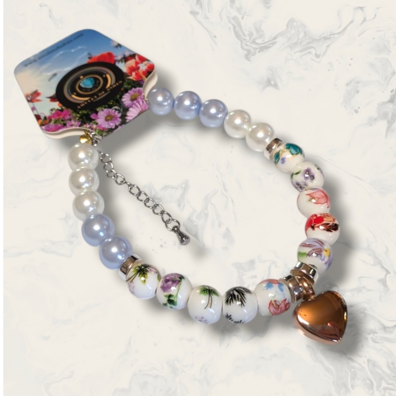Ceramic Floral & Lavender Glass Bead Memorial Urn Bracelet