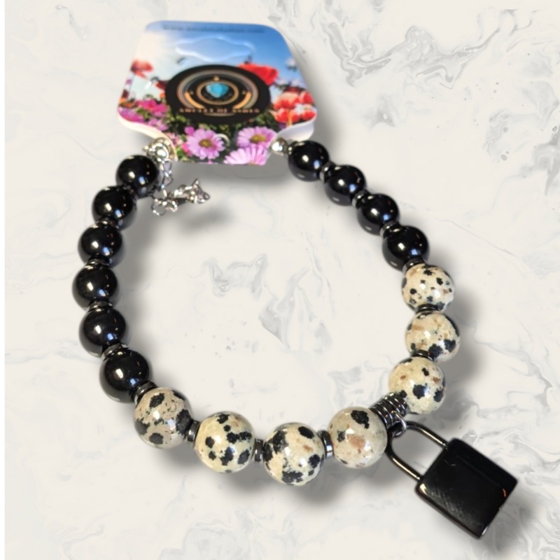 Dalmatian Jasper & Black Glass Bead Memorial Urn Bracelet