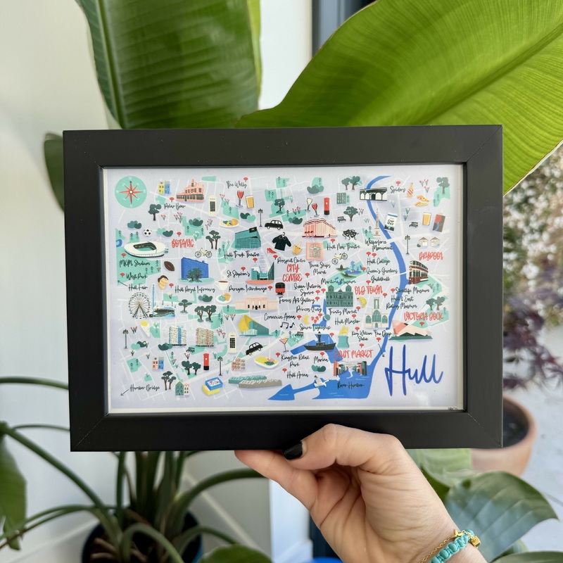 Framed A5 Hull Map Art Print|Black Frame|Oak Wood Frame