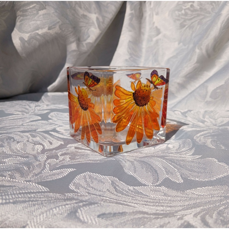 Hand Painted Glass Candle Holder.