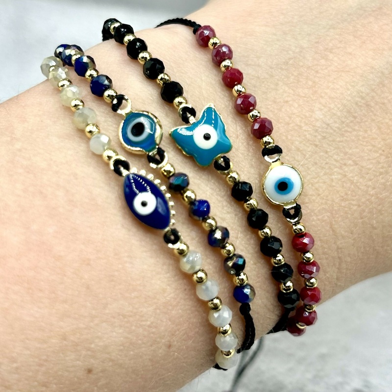 Hand-Strung Glass Bead Adjustable Bracelet – Traditional Evil Eye Charms