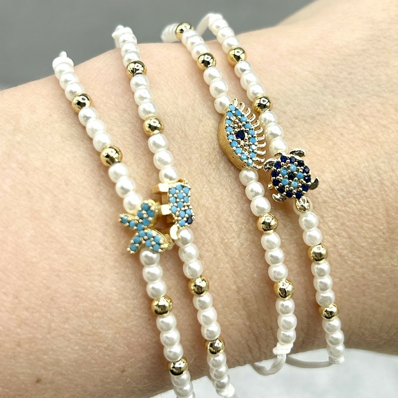 Hand-Strung Pearl and Gold Bead Adjustable Bracelet -Traditional Mediterranean Charms
