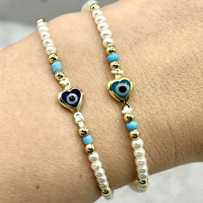 Hand-Strung Pearl Bead Adjustable Bracelet – Traditional Evil Eye Charms