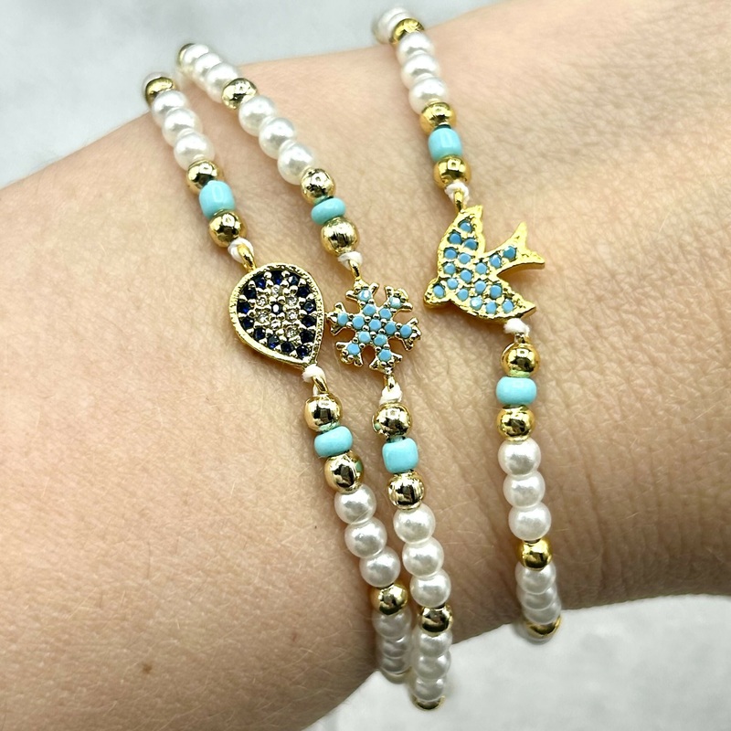 Hand-Strung Pearl Bead Adjustable Bracelet – Zirconia Mediterranean Charms