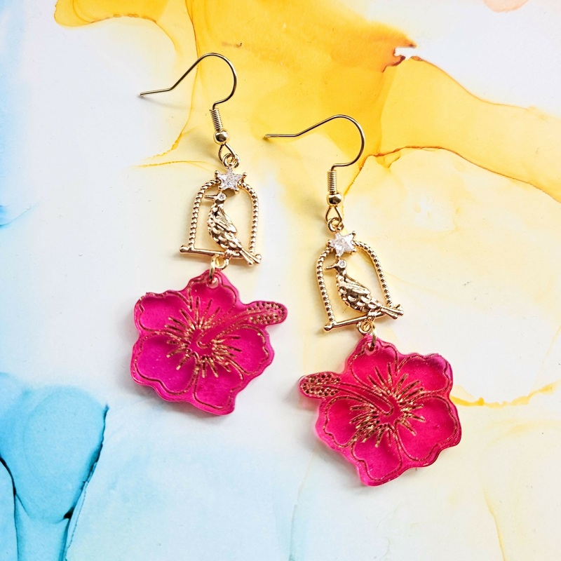 Handmade Bird Cage And Resin Hibiscus Earrings