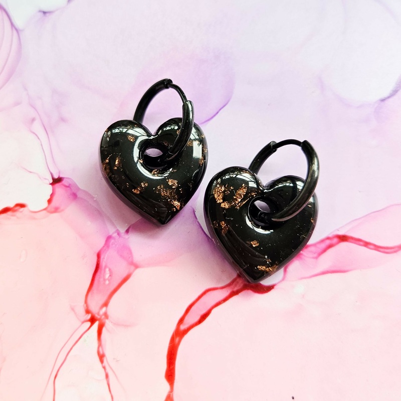 Handmade Black And Copper Leaf Heart Resin Charms On Black Chunky Hoops