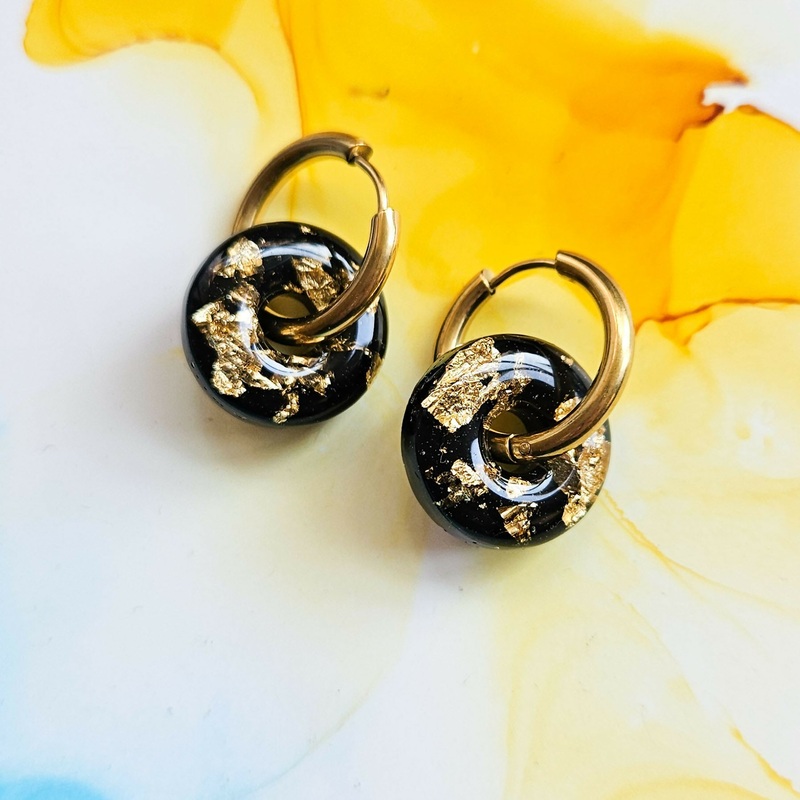 Handmade Black And Encased Golden Leaf Domed Circle Charm On Chunky Hoops