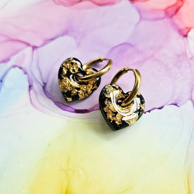 Handmade Black And Encased Golden Leaf Heart Resin Charms On Chunky Hoops