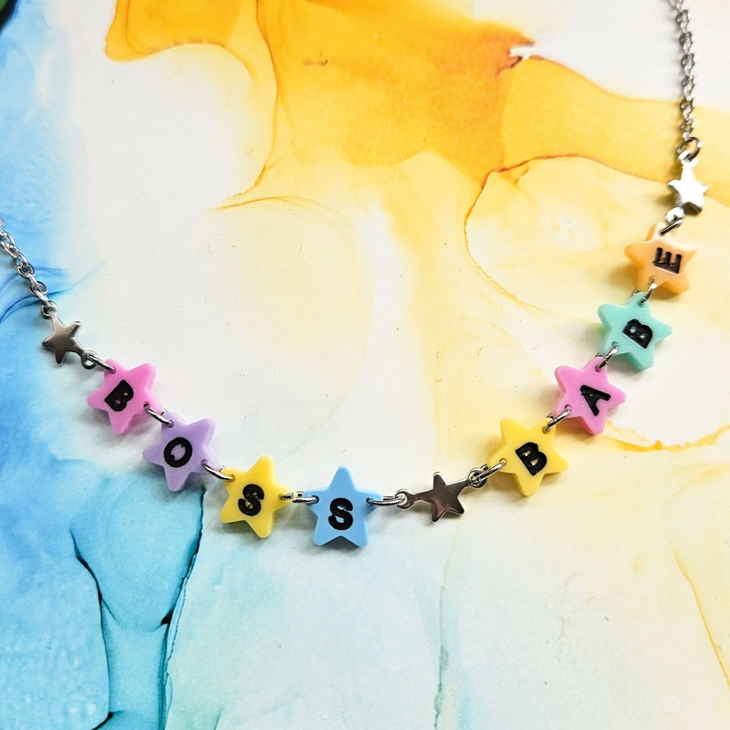 Handmade Boss Babe Words Resin Rainbow Stars Letters Necklace