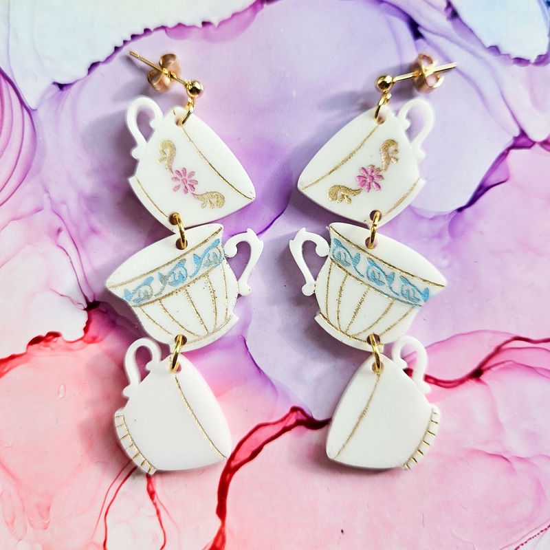 Handmade Dangle Teacups Resin Earrings