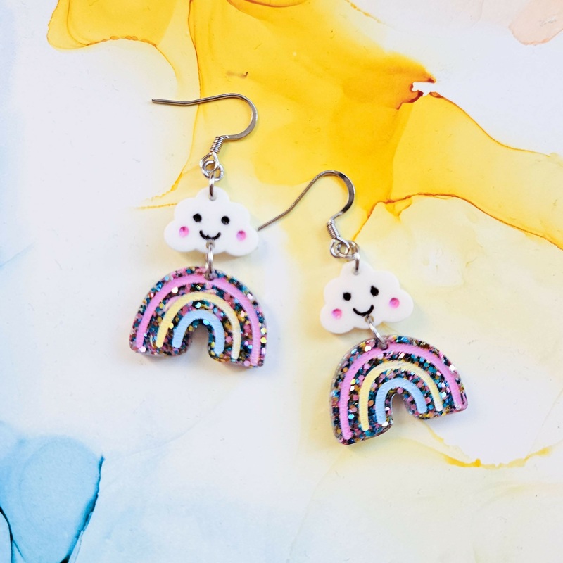 Handmade Glitter Rainbows And Happy Clouds Resin Earrings