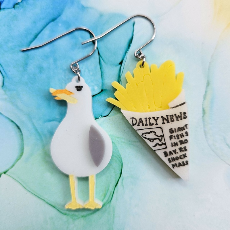 Handmade Mismatched Seagull And Chips Resin Earrings