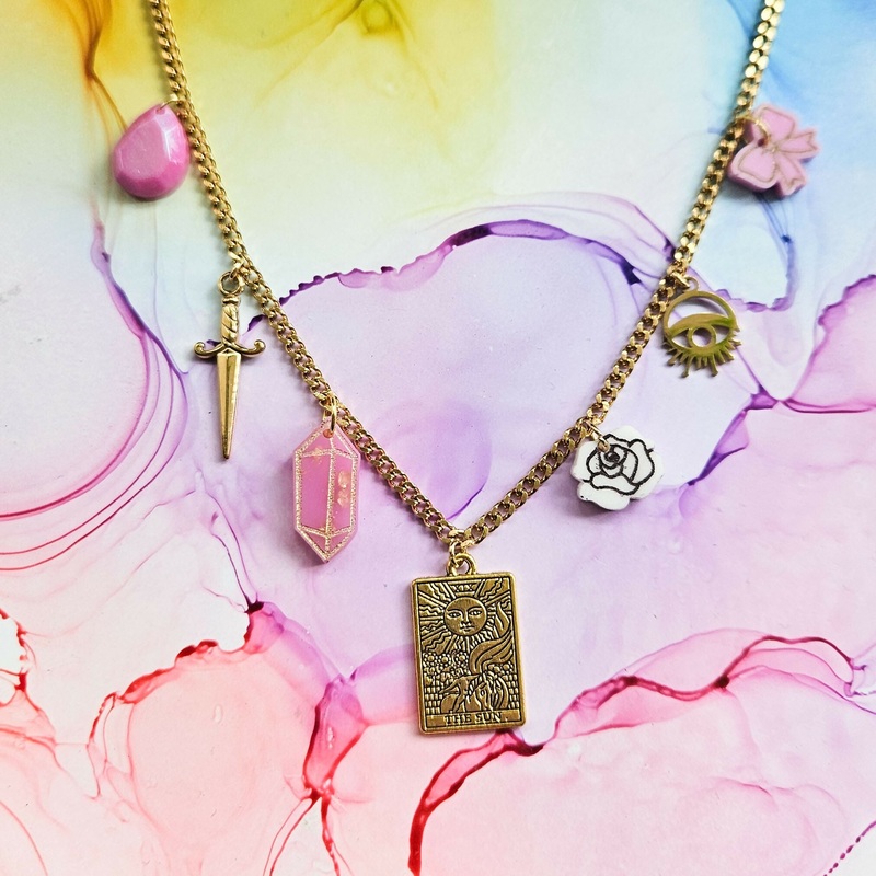 Handmade Mystical Pink And Gold Resin And Stainless Steel Charms Necklace