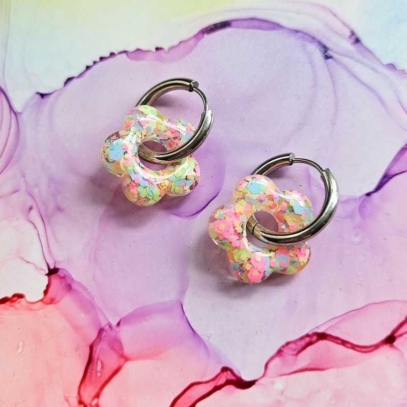 Handmade Neon Pastel Glitter Flower Resin Charms On Chunky Hoops