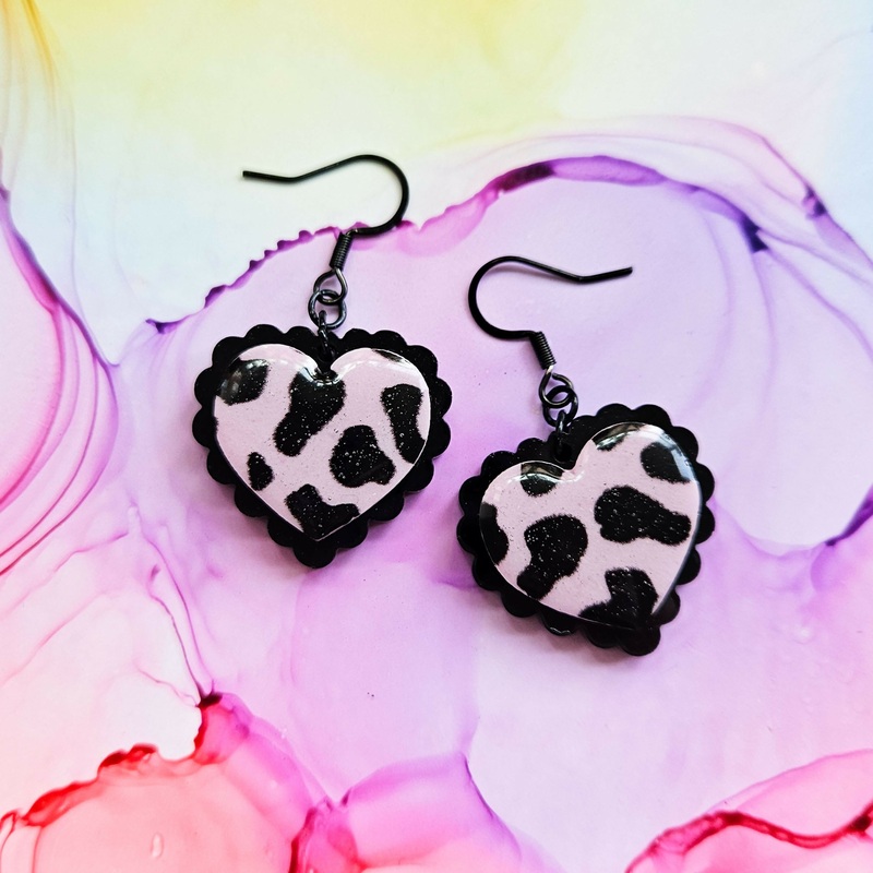 Handmade Pink And Black Cow Print Frilly Hearts Resin Earrings
