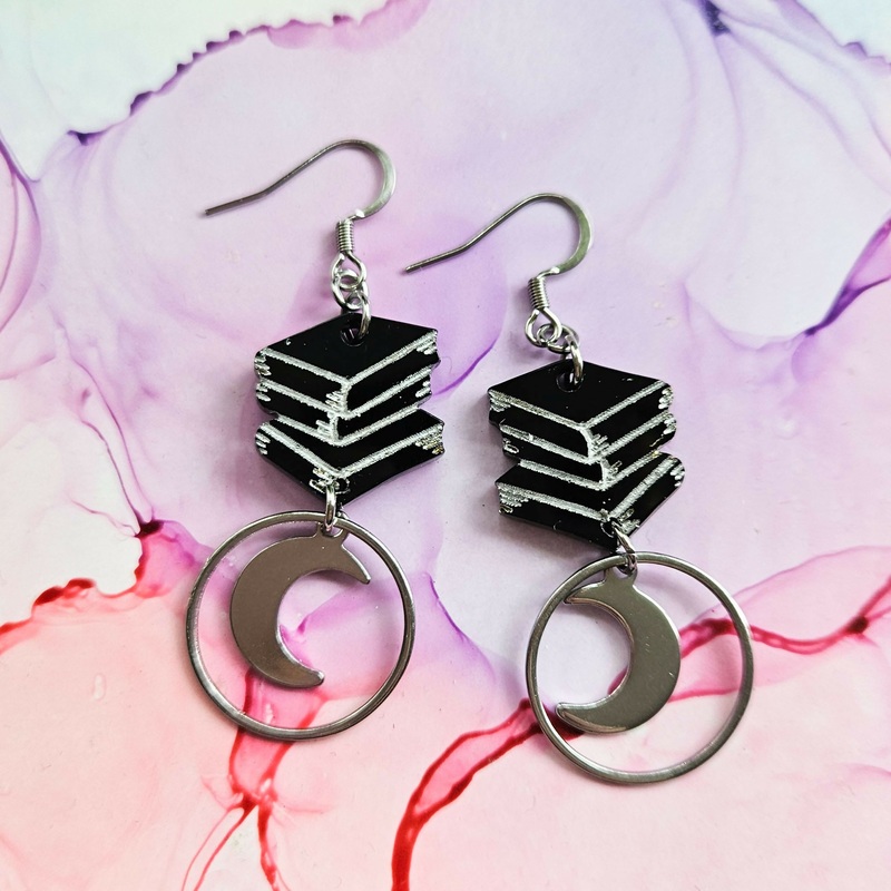 Handmade Resin Book Earrings With Moon Charms