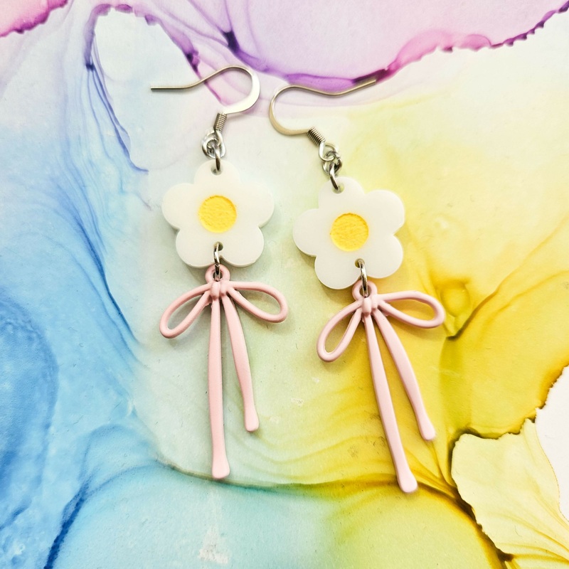 Handmade Resin Daisy And Pink Bows Drop Earrings