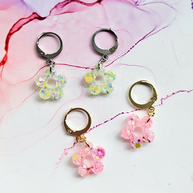 Handmade Small Glitter Resin Flower Charms On Huggie Hoops