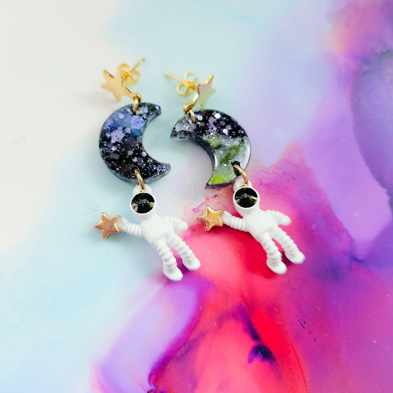 Handmade Spaceman And Resin Moon Earrings