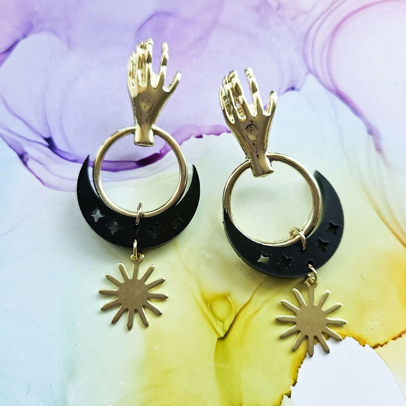 Handmade Stainless Steel And Resin Hands, Half Moon And Sun Earrings